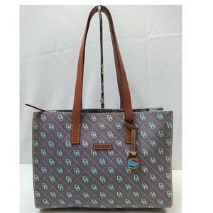 Dooney & Bourke Purplish Blue Signature Canvas Brown Leather Trim Tote Bag